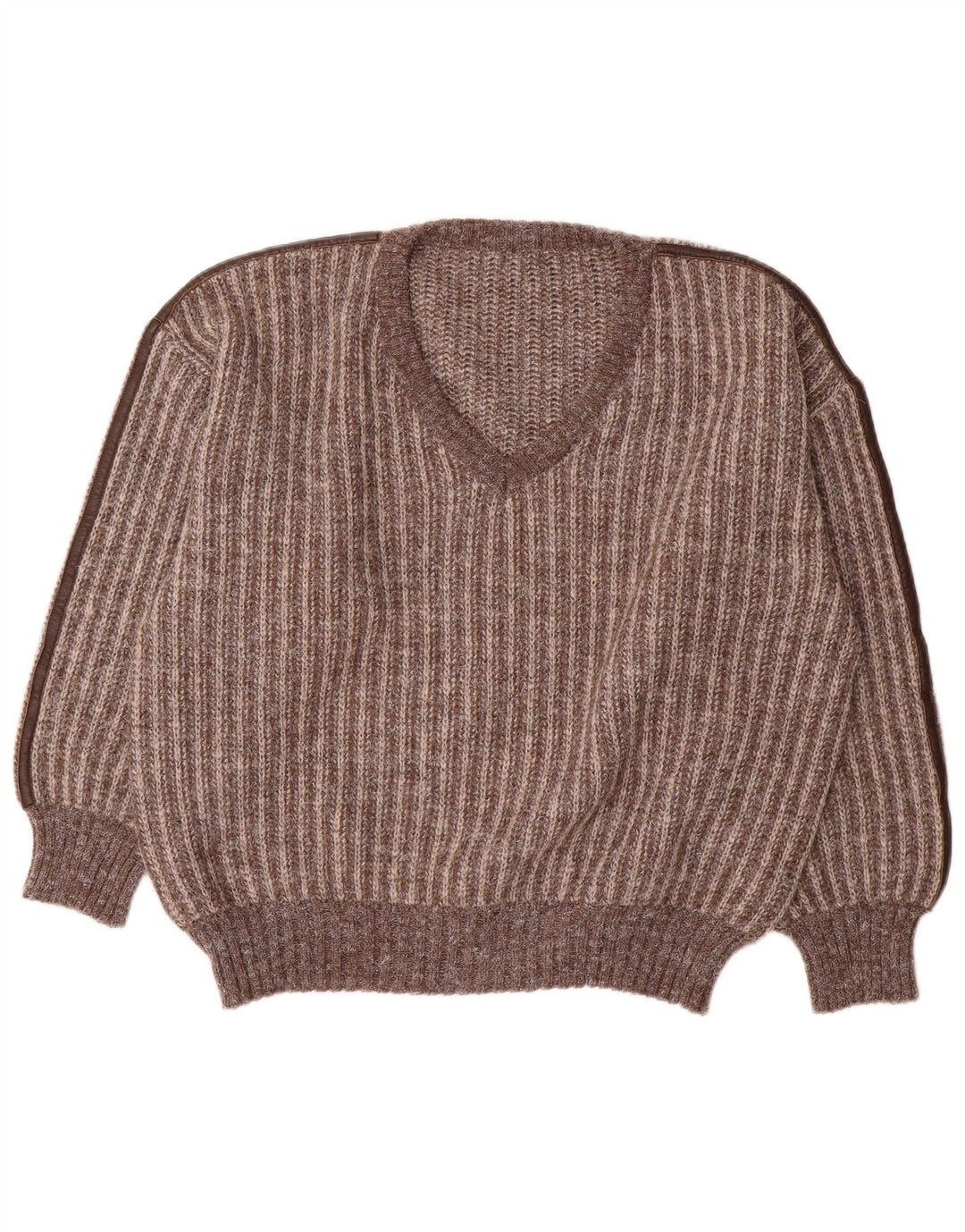 vintage Homme Col V Pull Pull IT 50 Laine Rayée Marron Moyen