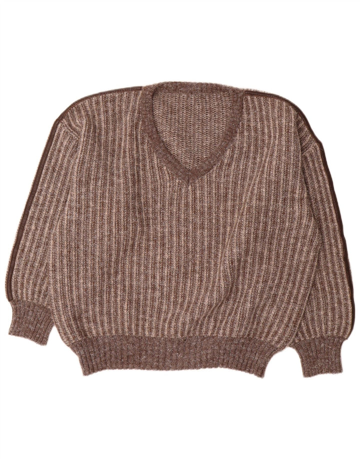 vintage Homme Col V Pull Pull IT 50 Laine Rayée Marron Moyen