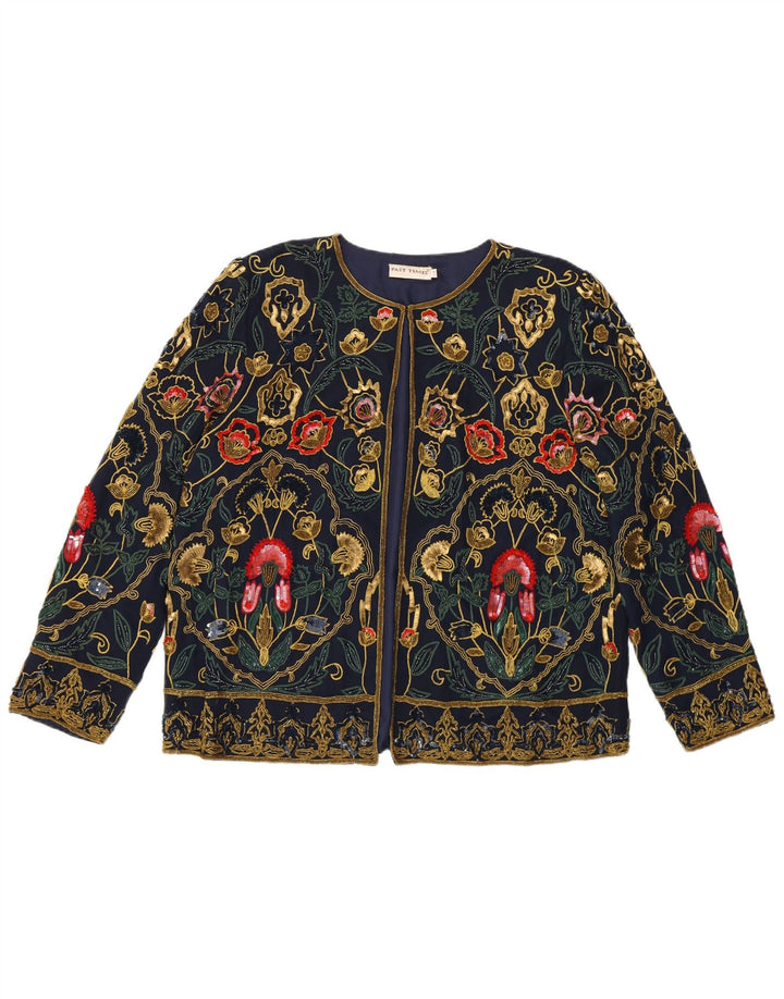 PAST TIME Cardigan coupe ample pour femme UK 10 Petit bleu marine en soie florale