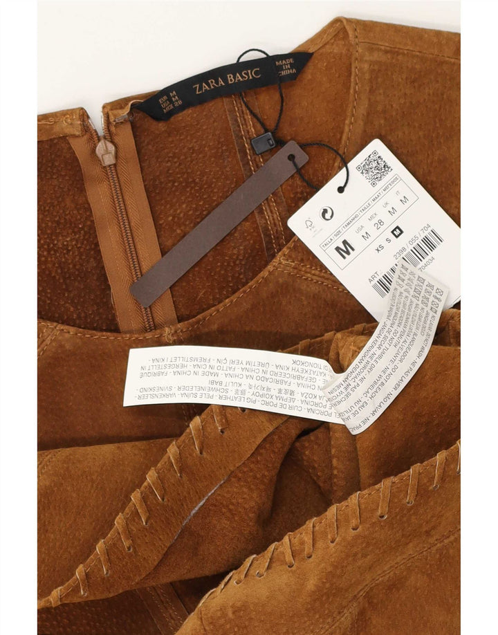 Zara Chemisier sans manches en daim pour femme UK 14 Cuir marron moyen