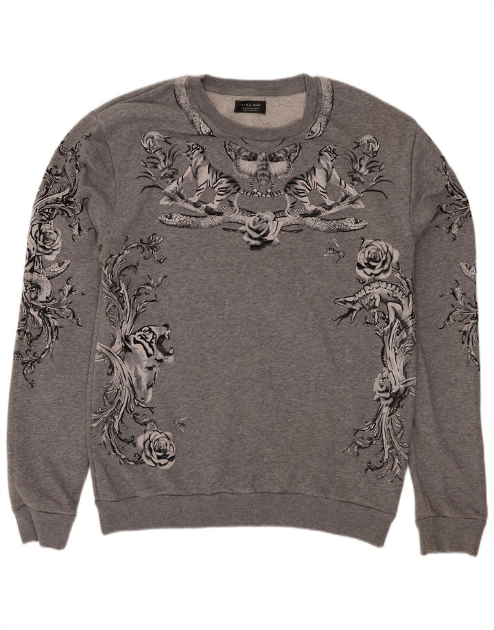 Zara Homme Graphic Sweatshirt Jumper Moyen Gris Floral Coton