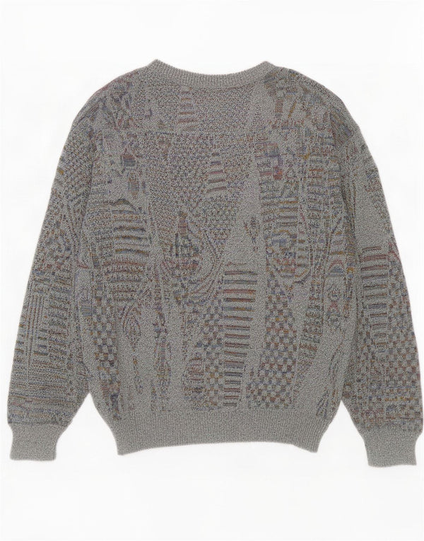vintage Mens Crew Neck Jumper Pull Petit Gris Géométrique
