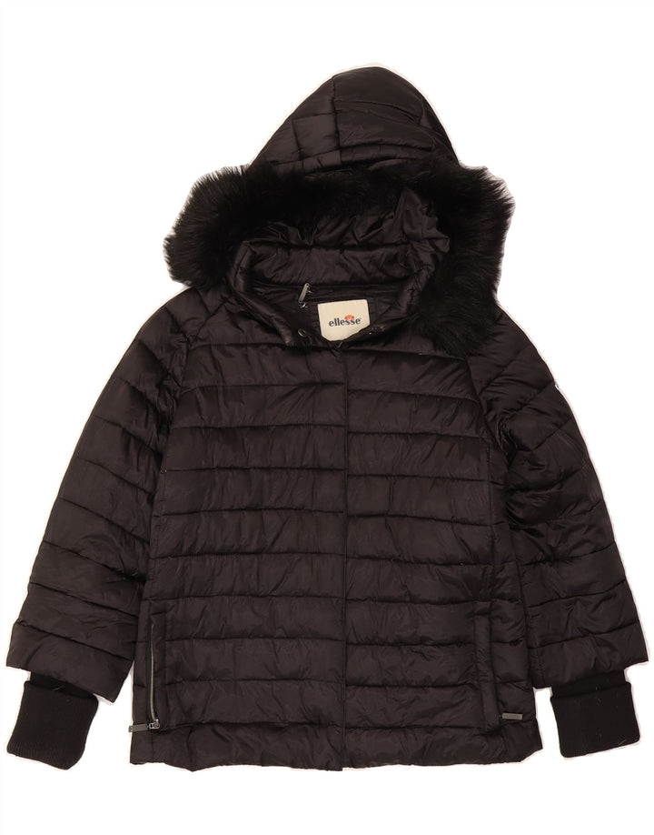 ELLESSE Womens Hooded Padded Jacket UK 14 Medium Black Nylon Vintage Ellesse and Second-Hand Ellesse from Messina Hembry 