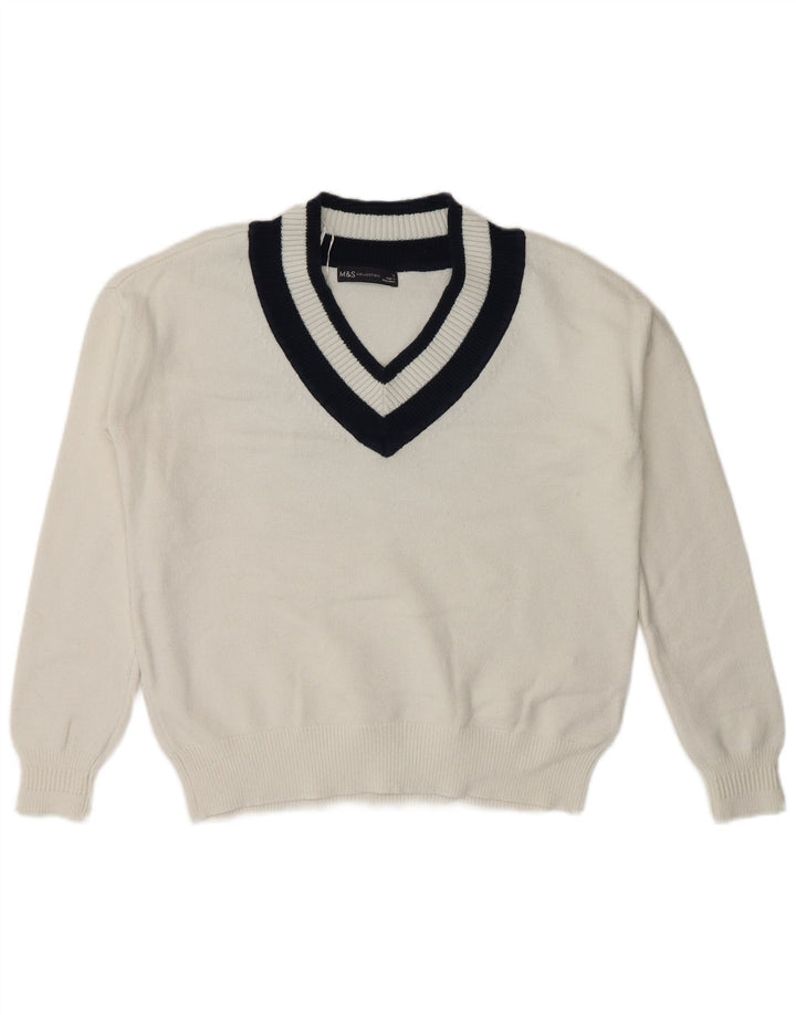 Marks & Spencer Pull col en V pour femme UK 10 Small Blanc Colorblock