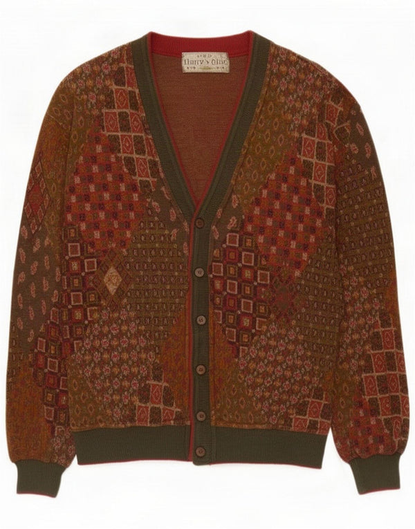 vintage Mens Cardigan Pull Moyen Marron Patchwork Coton