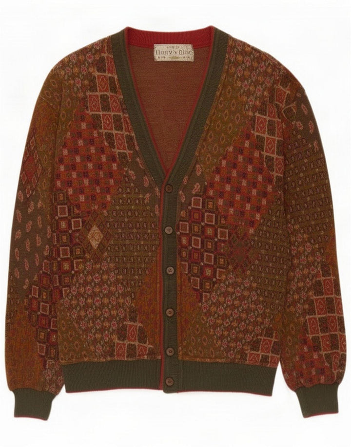 vintage Mens Cardigan Pull Moyen Marron Patchwork Coton