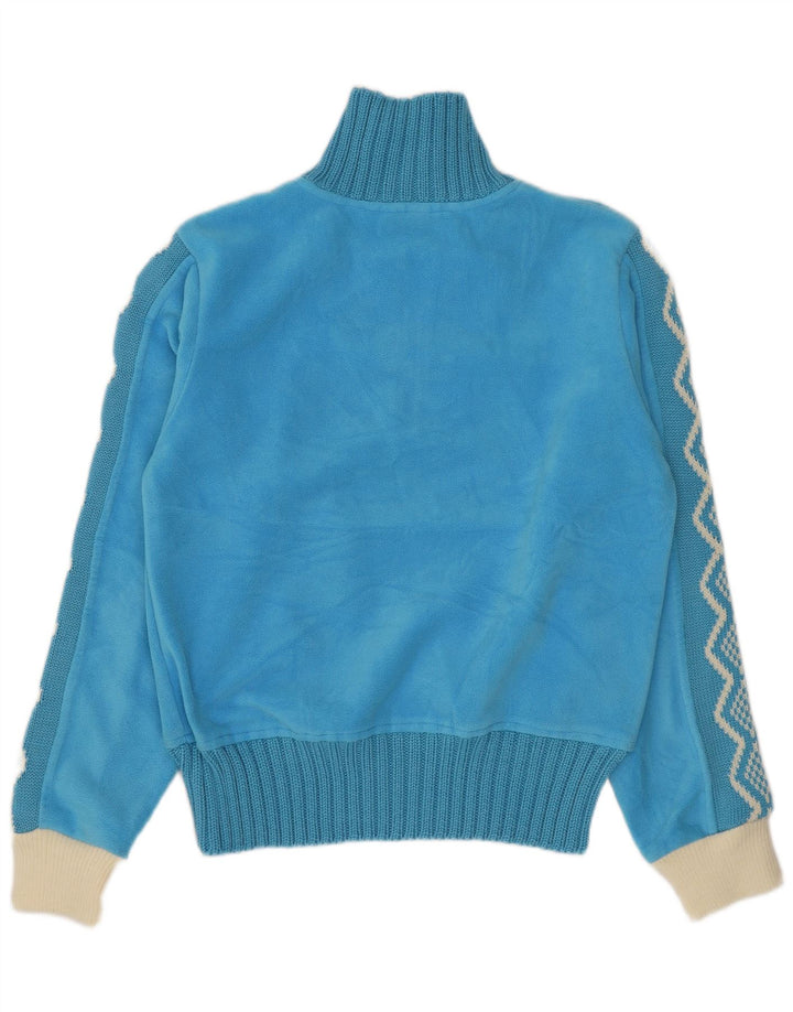 vintage Femmes Zip Neck Fleece Jumper UK 14 Polyester Géométrique Bleu Moyen
