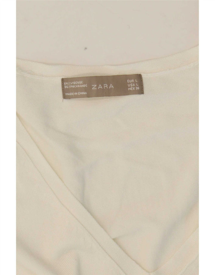 Zara Pull col V pour femme UK 14 Medium Blanc Viscose
