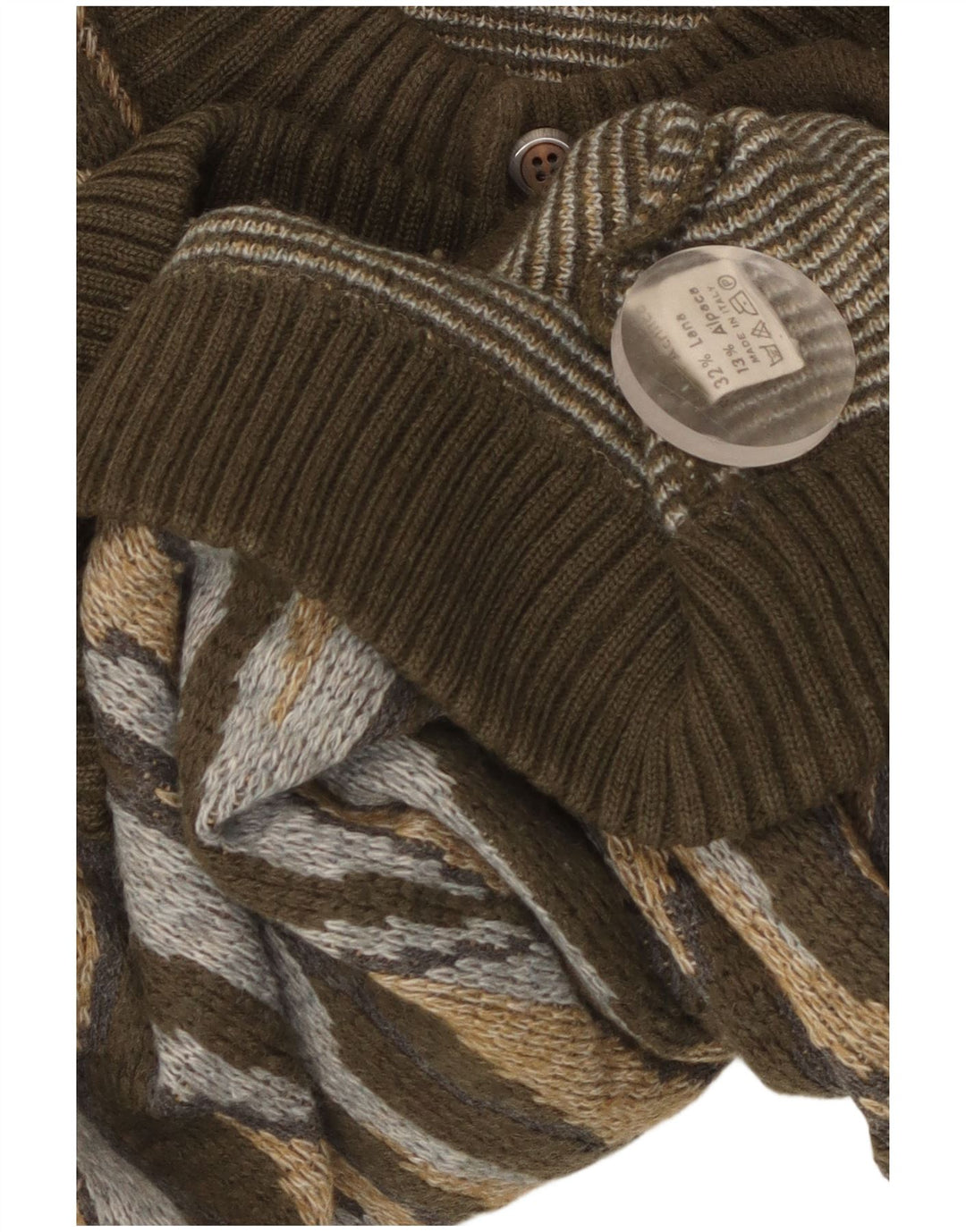 vintage Mens Cardigan Sweater Grand Kaki Rayé Acrylique