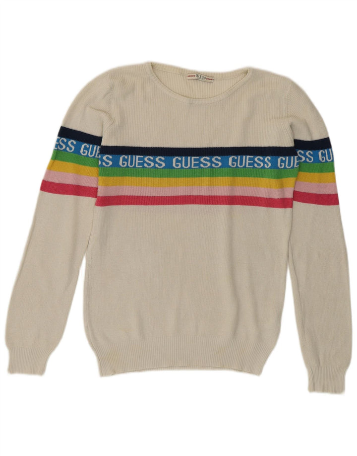 Guess Pull graphique à col rond pour femme UK 8 Petit coton blanc