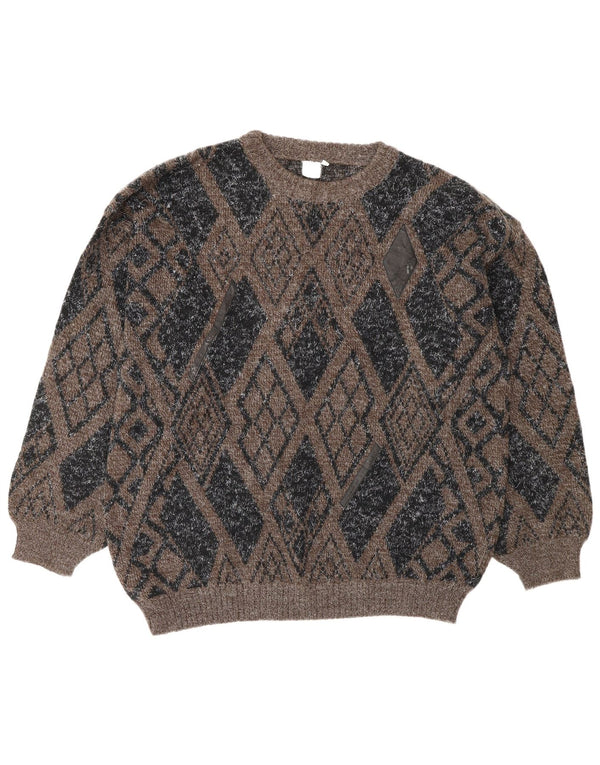 VINTAGE Pull à col rond pour homme en laine à losanges/diamants marron moyen