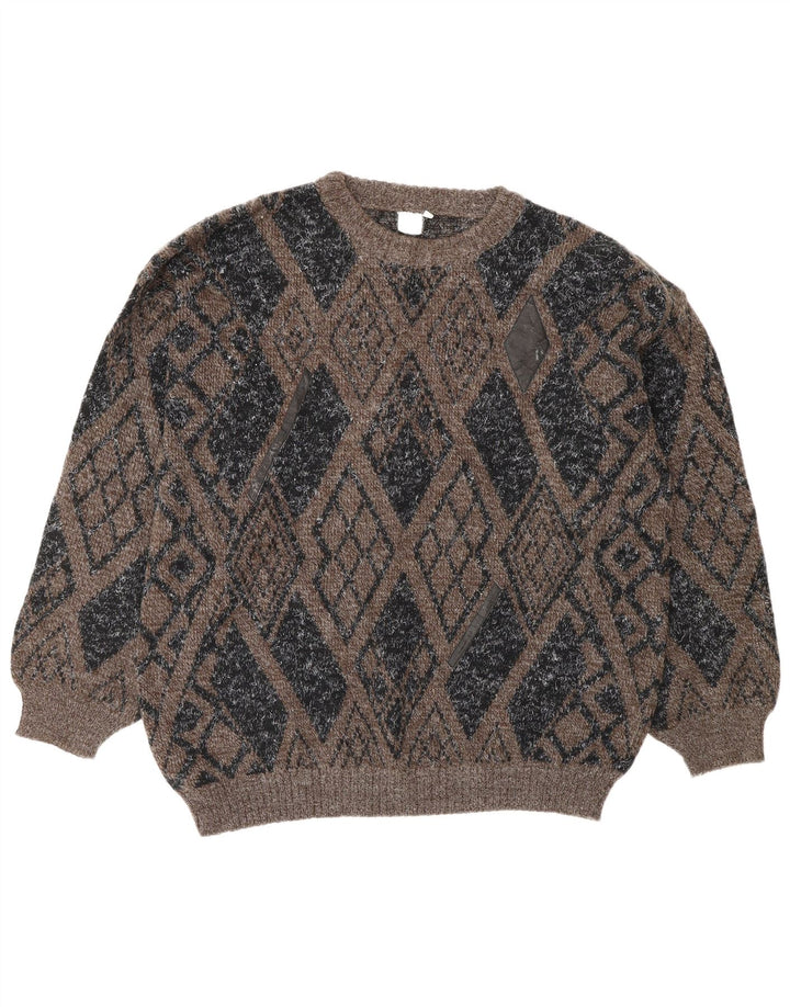 VINTAGE Pull à col rond pour homme en laine à losanges/diamants marron moyen