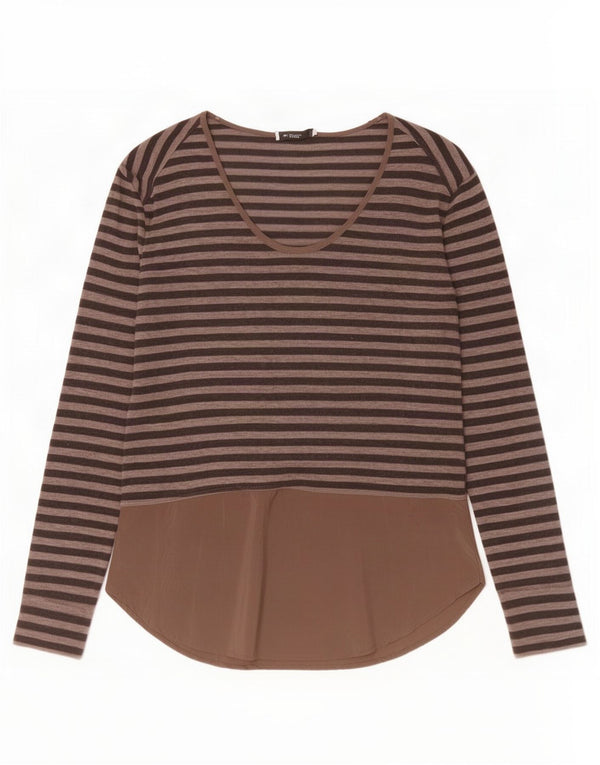 Zara Femme Top Manches Longues UK 10 Petit Marron Rayé