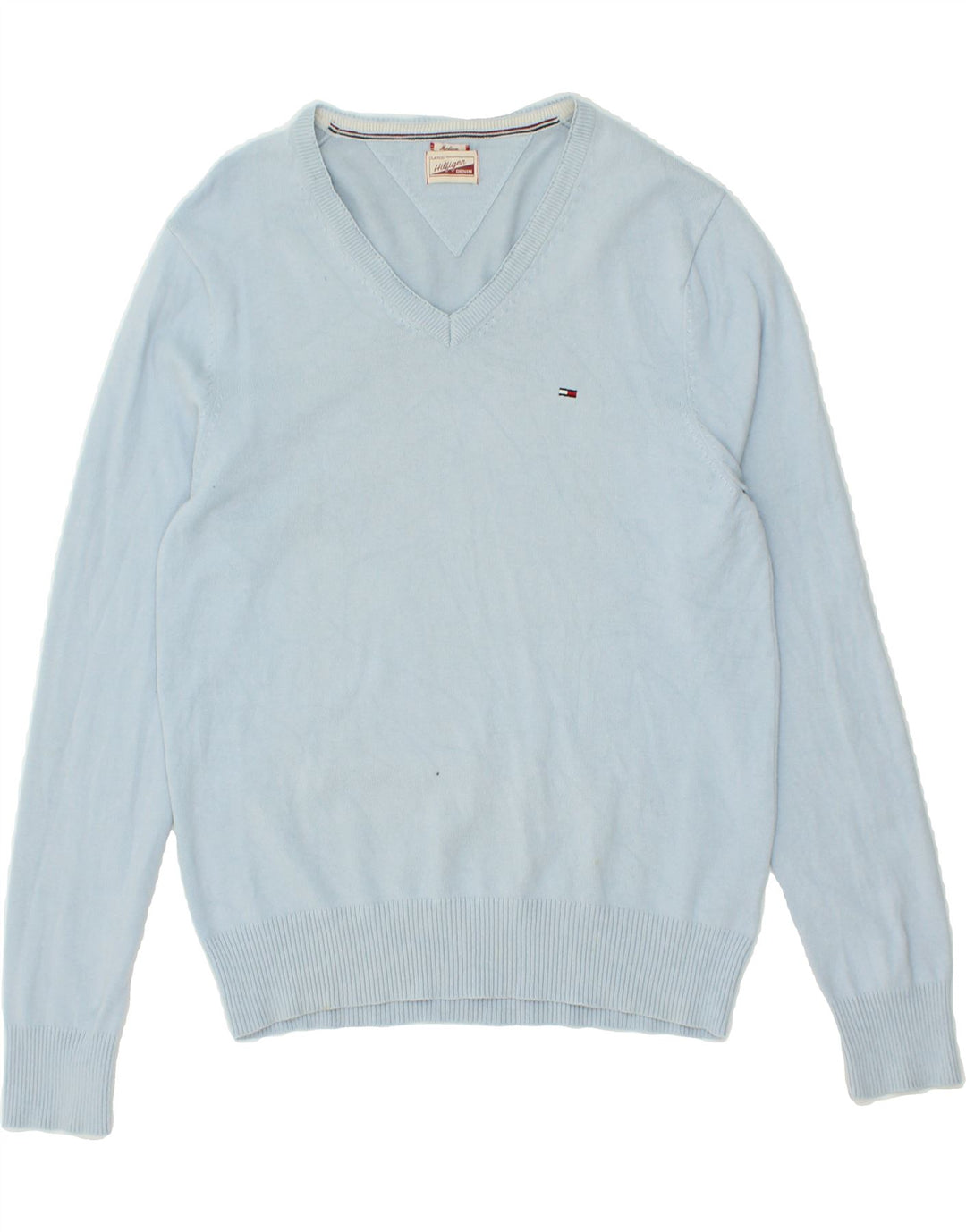 TOMMY HILFIGER Mens V-Neck Jumper Sweater Medium Blue Cotton Vintage Tommy Hilfiger and Second-Hand Tommy Hilfiger from Messina Hembry 