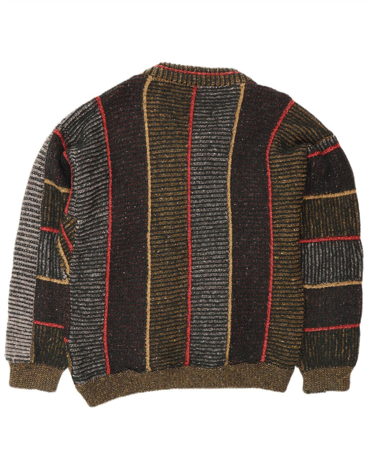 vintage Mens V-Col Jumper Sweater Grande laine rayée multicolore