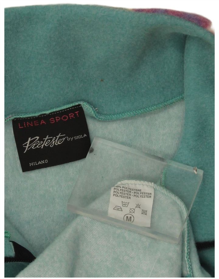vintage Mens Zip Neck Fleece Jumper Moyen Vert Géométrique Polyester