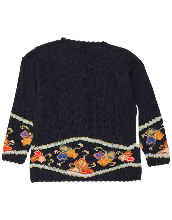 vintage Femme Cardigan Pull UK 14 Moyen Marine Bleu Floral Coton
