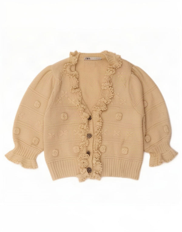 Zara Cardigan à manches 3/4 à volants sur le devant pour femme UK 14 Large Beige