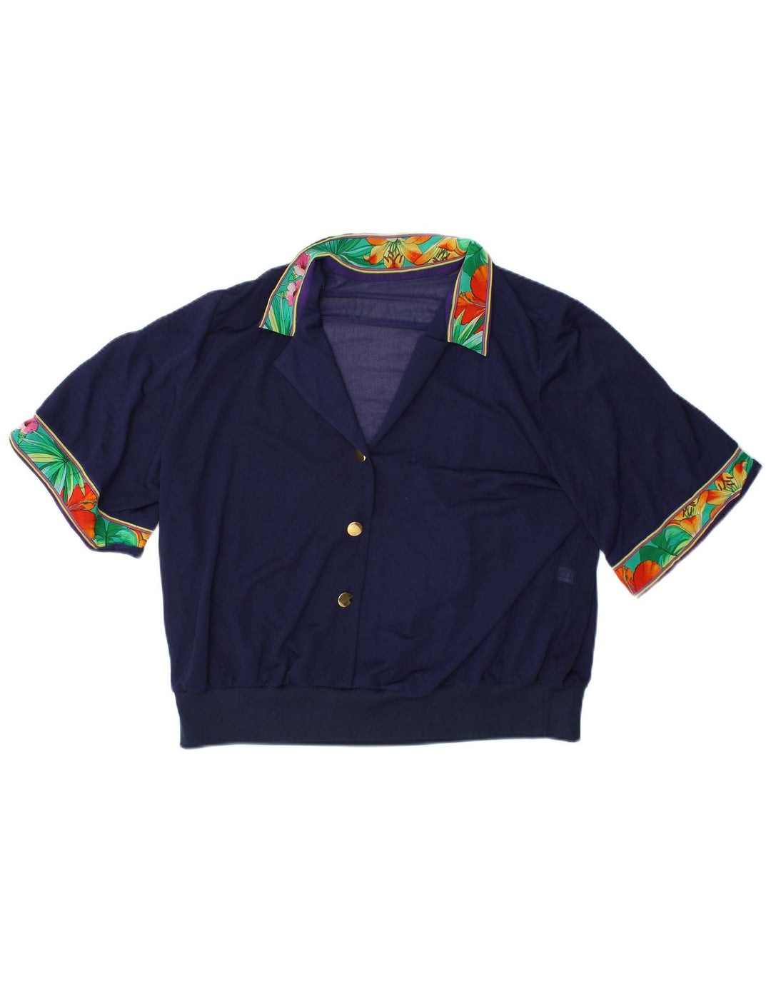 VINTAGE Femmes Crop Blouse Top IT 48 XL Bleu Marine Floral