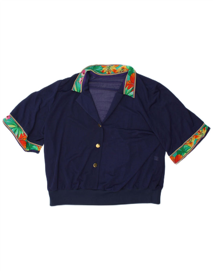 VINTAGE Femmes Crop Blouse Top IT 48 XL Bleu Marine Floral