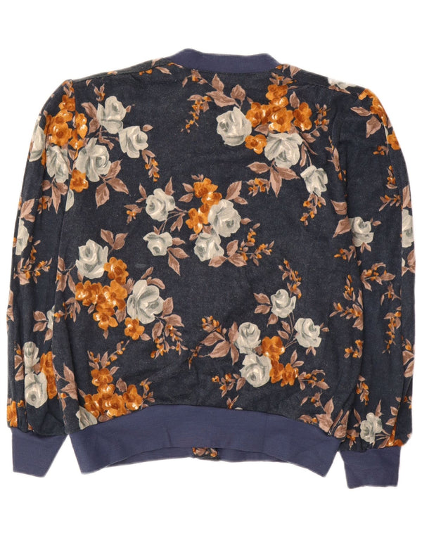 vintage Femme Cardigan Oversize Pull IT 50 XL Bleu Marine Floral Acrylique