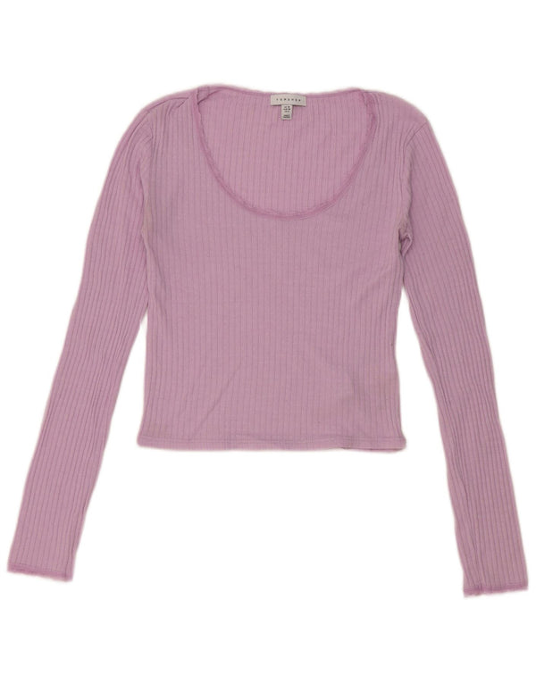 Topshop Femme Crop Top Manches Longues UK 10 Petit Rose Coton