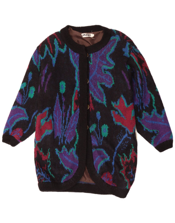 vintage Femmes Longline Cardigan Pull UK 18 XL Noir Floral