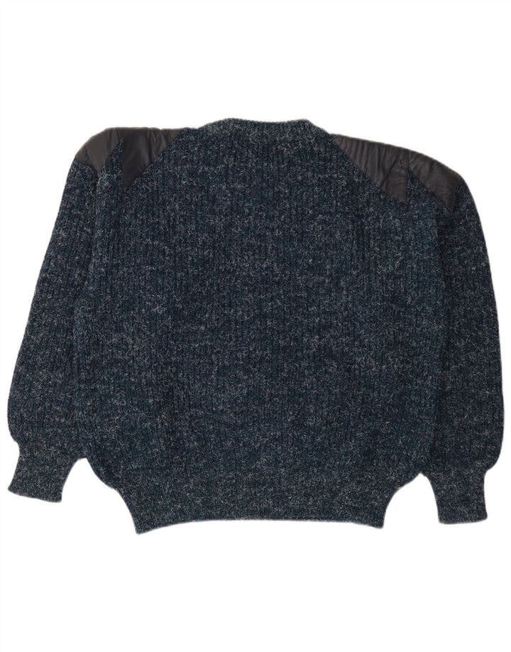 vintage Mens Crew Neck Jumper Pull Moyen Bleu Marine Moucheté Laine