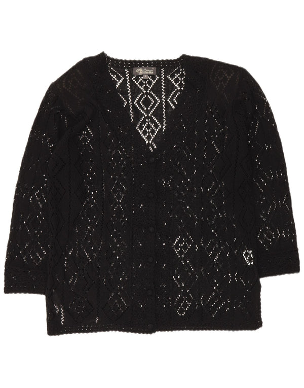 vintage Femmes 3/4 Manches Crochet Cardigan Pull UK 16 Grand Coton Noir