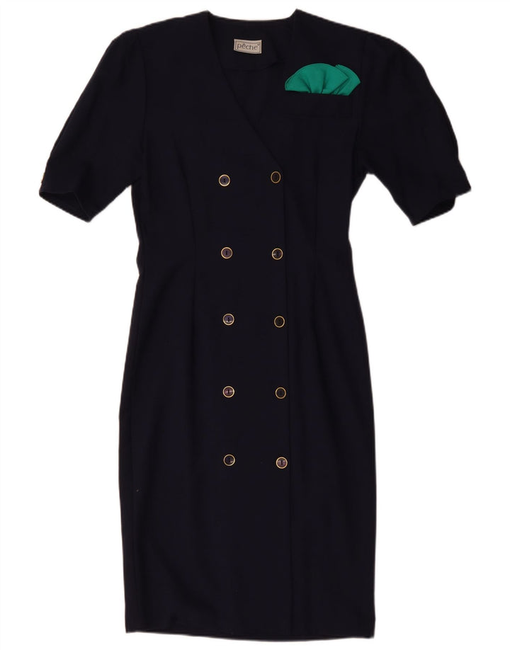 VINTAGE Femme Double Breasted Gaine Robe US 10 Grand Bleu Marine