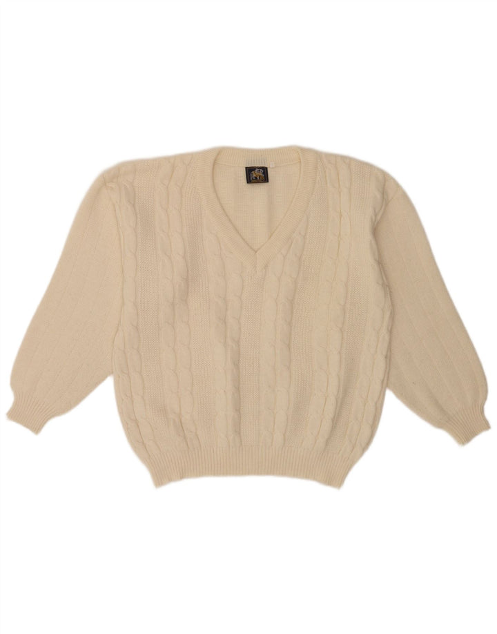 vintage Homme Coupe Régulière Col V Pull Pull Moyen Blanc Cassé Classique
