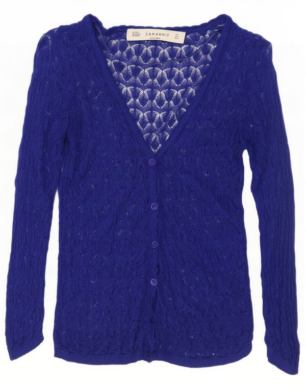 Zara Cardigan surdimensionné à manches 3/4 pour femme UK 10 Small Bleu Acrylique