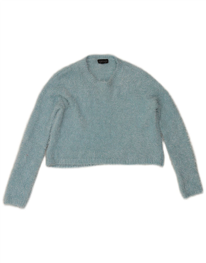 Topshop Pull court à col rond pour femme UK 8 Petit Bleu Polyester