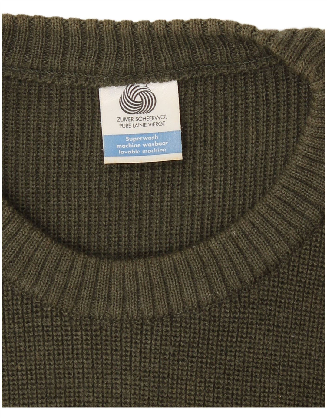 VINTAGE Homme Militaire Crew Neck Jumper Pull Grande Laine Vierge Kaki