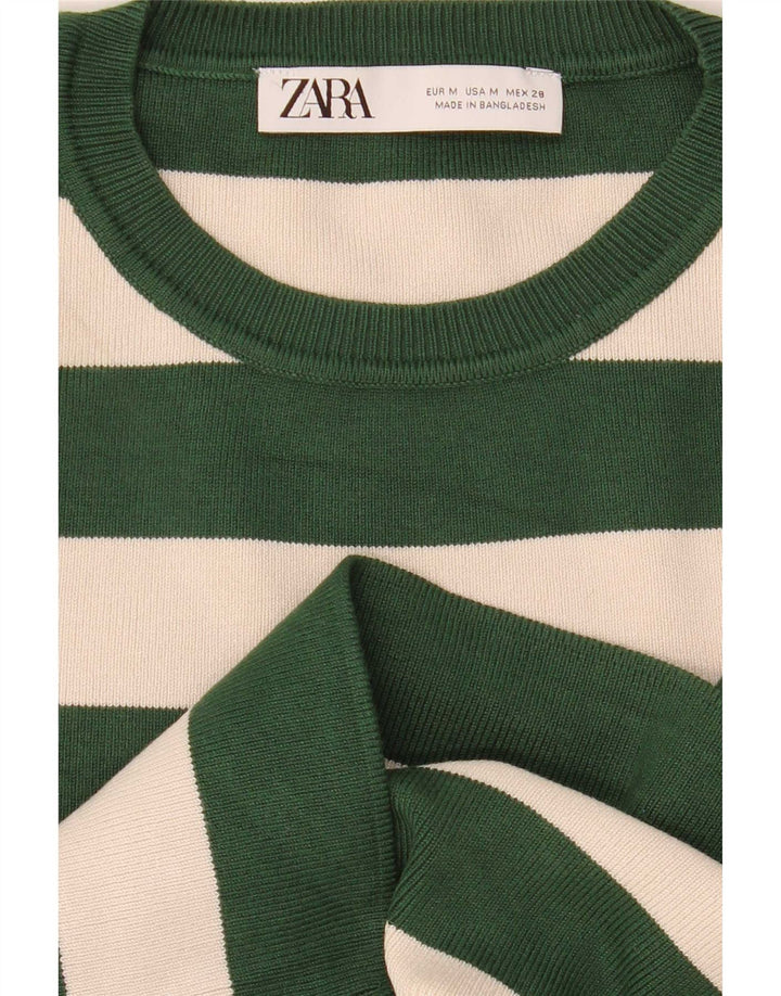 Zara Womens Crop Top Manches Longues UK 12 Vert Moyen Rayé