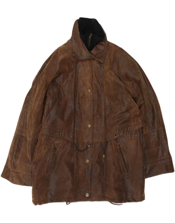 vintage Mens Loose Fit Manteau en cuir EU 42 Grand Cuir Imprimé Animal Brun