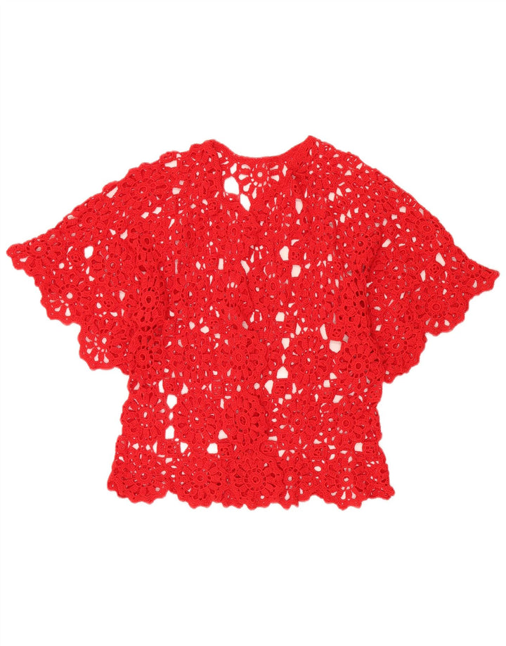 VINTAGE Femmes Manches Courtes Crochet Cardigan Top UK 12 Moyen Rouge Floral