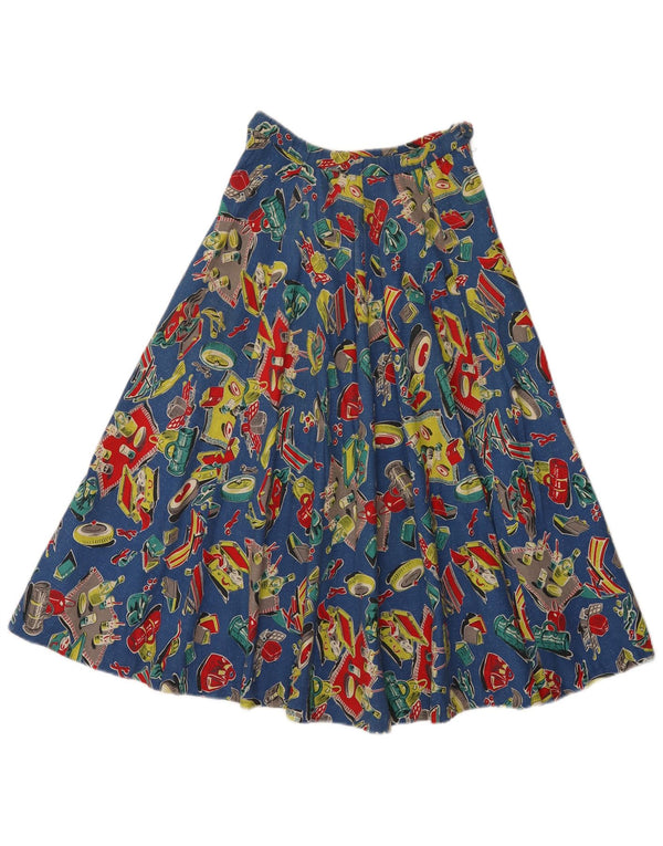 vintage Femmes Motif Abstrait Jupe Évasée Plissée W24 XS Bleu