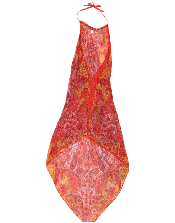 vintage Womens Halter Robe Asymétrique UK 8 Petite Soie Paisley Rouge