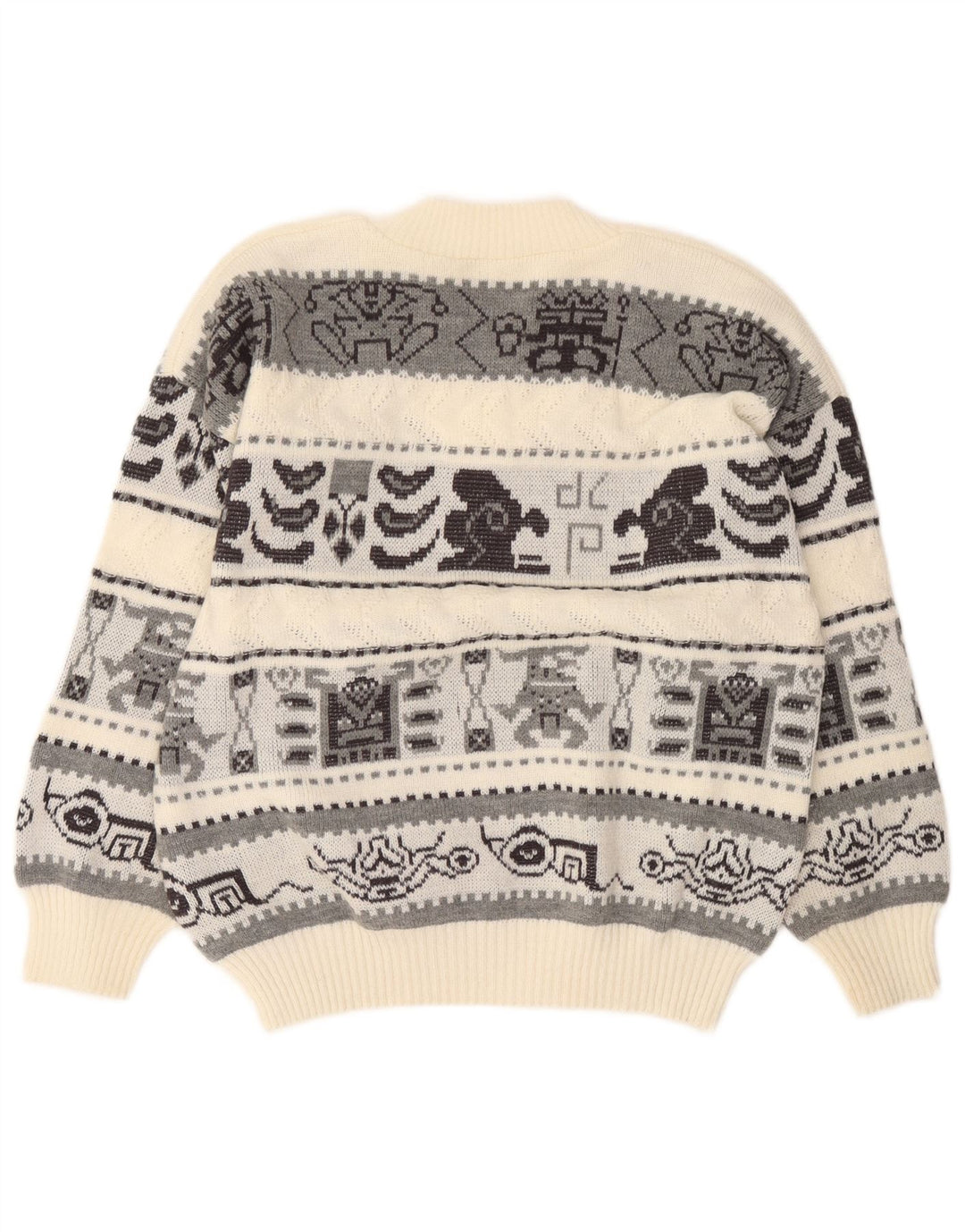 vintage Mens V-Col Jumper Pull Grand Blanc Cassé Géométrique