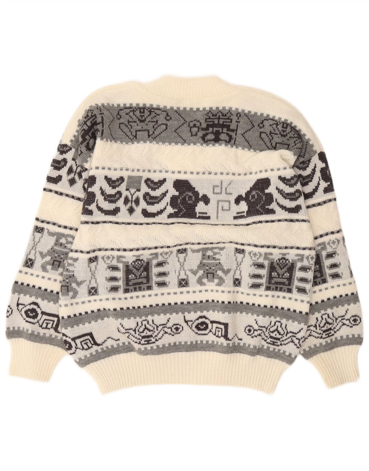 vintage Mens V-Col Jumper Pull Grand Blanc Cassé Géométrique