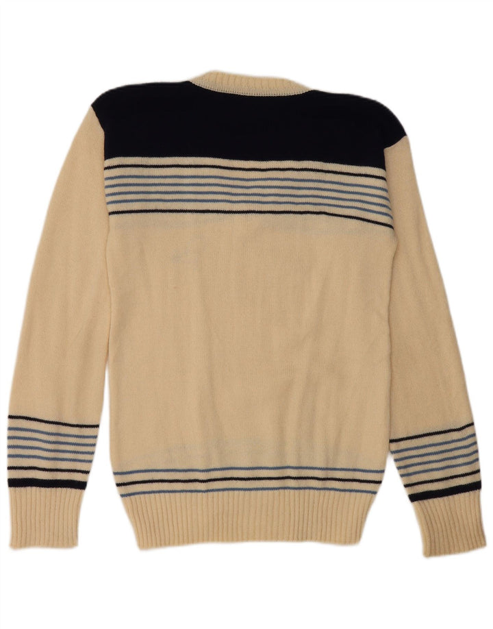 vintage Femmes V-Col Jumper Pull UK 8 Petit Off White Rayé