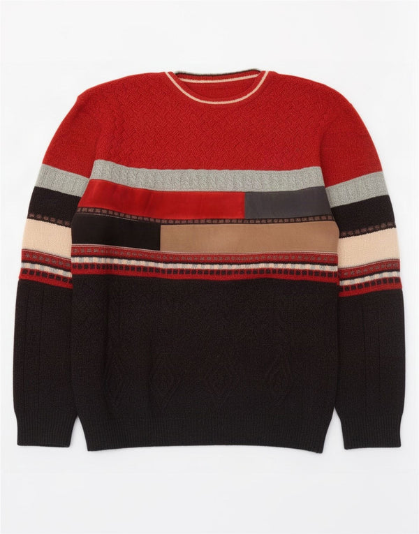 vintage Mens Crew Neck Jumper Sweater IT 52 Grande laine colorblock rouge