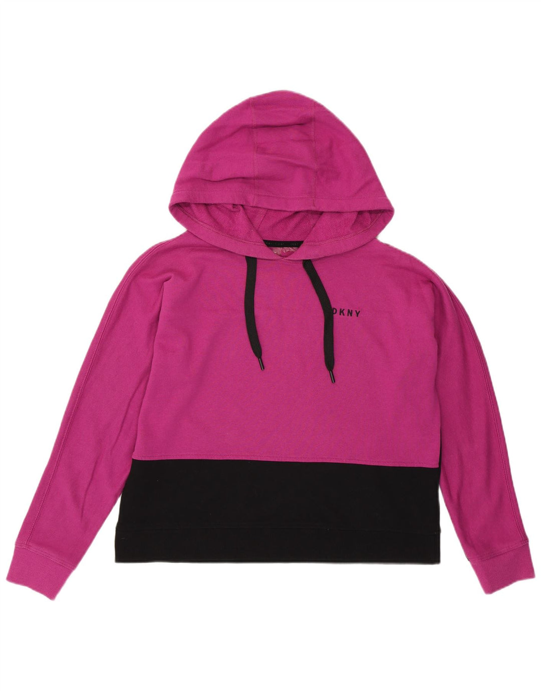 DKNY Womens Graphic Crop Hoodie Jumper UK 14 Medium Pink Colourblock Vintage Dkny and Second-Hand Dkny from Messina Hembry 