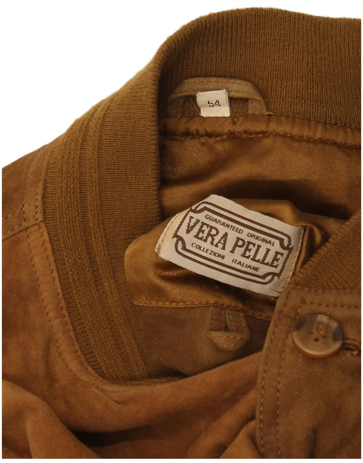 vintage Mens Suede Bomber Jacket IT 54 2XL Cuir Marron