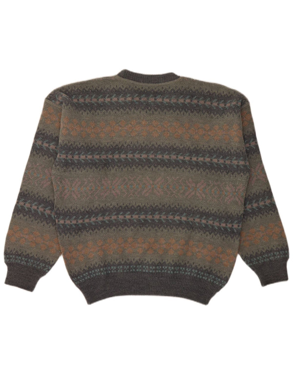 vintage Mens Crew Neck Jumper Pull Grande Gris Fair Isle Laine