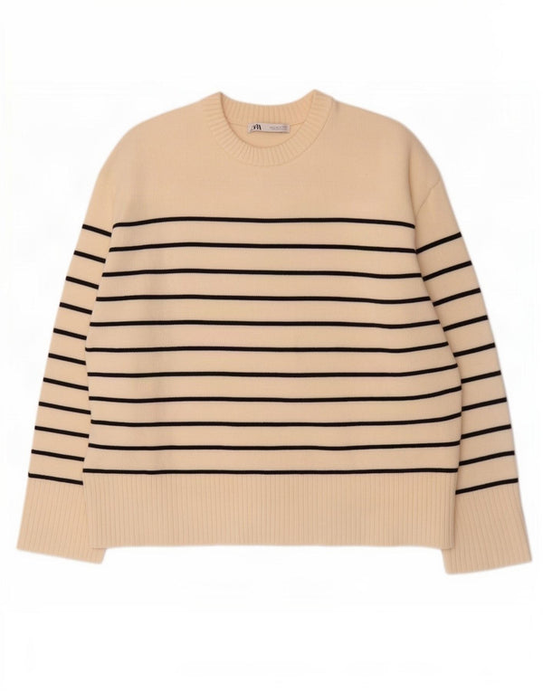 Zara Womens Crew Neck Jumper Sweater UK 14 Medium Off White Striped