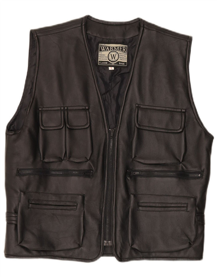 gilet en cuir femme vintage UK 16 Grand Noir