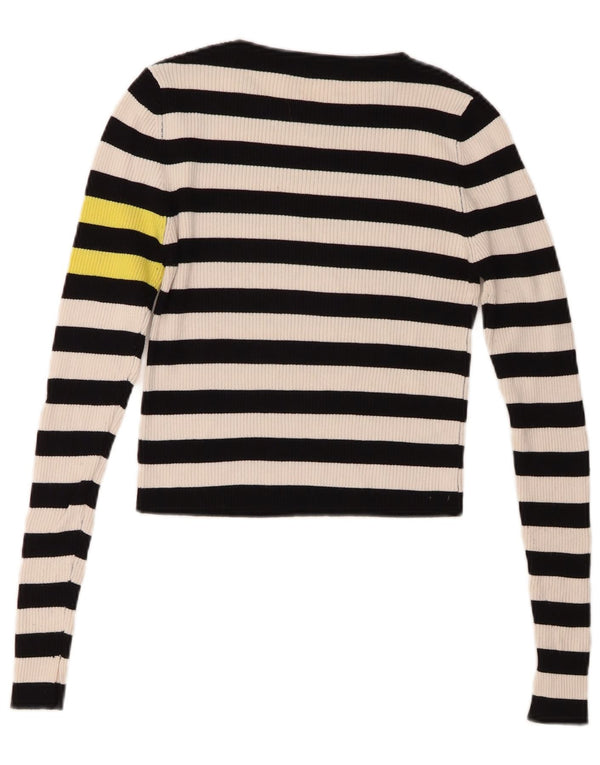 Zara Womens Crop Top Manches Longues UK 10 Petit Bleu Marine Rayé