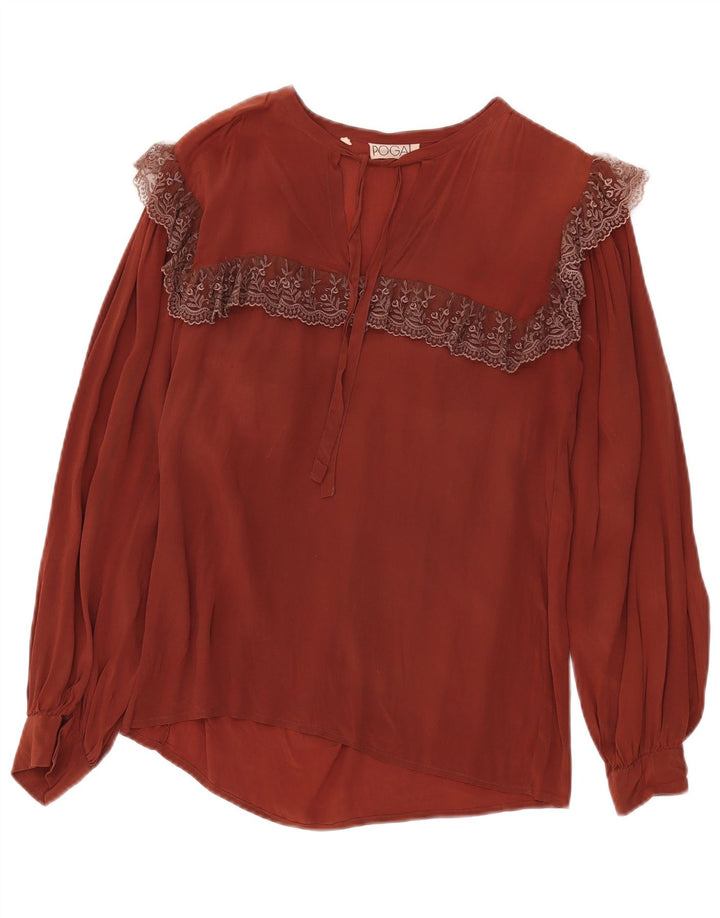 vintage Femmes Voir à travers le chemisier à manches longues Top IT 42 Floral Brun Moyen